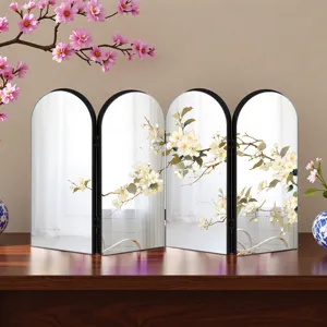 Acrylic Chinese style folding screen tabletop mirror ornament with floral design, desktop decor.