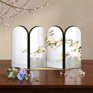 Chinese style mirrored folding screen ornament, acrylic four-panel arch desk home decor.