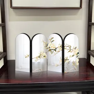 Chinese style arched acrylic folding mirror screen tabletop with floral ornament