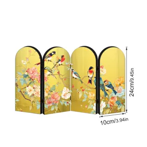 Creative Chinese style four-fold screen miniature tabletop ornament with floral bird art.