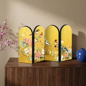 Chinese style tabletop acrylic folding screen mirror ornament with traditional bird flower art