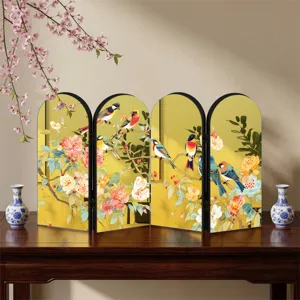 Exquisite Chinoiserie folding screen desktop decor with elegant bird and flower art.