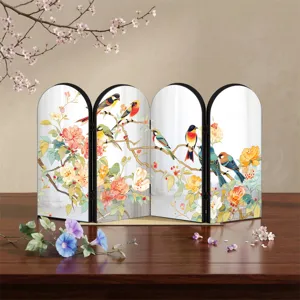 Creative Chinese style mirror folding screen acrylic desktop ornament flower bird art