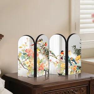 Chinese style tabletop folding screen mirror with exquisite flower and bird art print decor.