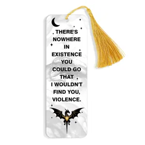Acrylic bookmark with gold tassel, fantasy dragon design, translucent book page marker.