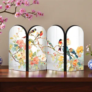 Acrylic folding tabletop screen featuring traditional Chinese floral and bird art design.