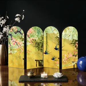 Chinese style mirror folding screen desktop ornament, elegant four-panel acrylic art decor.