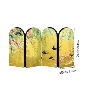 Chinese style acrylic folding screen miniature ornament tabletop decor with floral bird art.