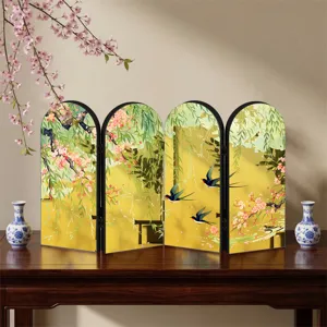 Chinese style tabletop miniature folding screen acrylic gold mirror decor with bird floral art.