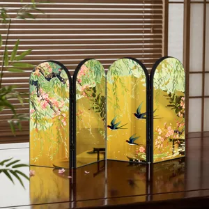 Chinese style miniature folding screen tabletop decor, acrylic gold mirror finish with art.