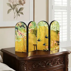 Creative Chinese style miniature folding screen desktop ornament with gold finish bird art.