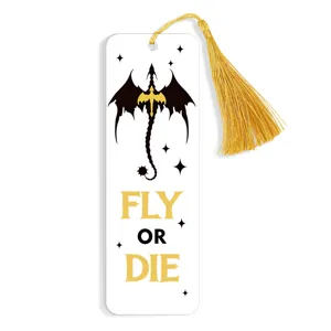 Creative acrylic translucent bookmark with golden tassel, dragon design reading fly or die.