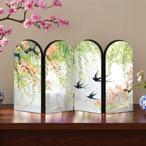 Chinese style acrylic folding mirror screen tabletop ornament detail view showing floral art.