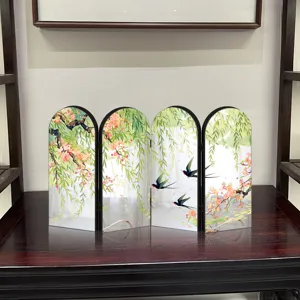 Detailed view of the Chinese style 4-panel folding screen ornament with elegant willow and bird art.