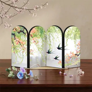 Creative acrylic folding screen tabletop ornament featuring traditional Chinese willow and swallow art.