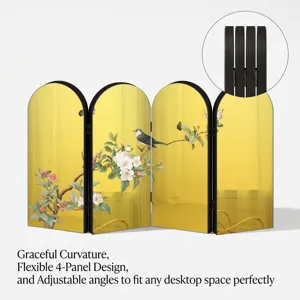 Decorative 4-Panel Gold Mirror Desktop Folding Screen with Traditional Chinese Bird and Flower Art.