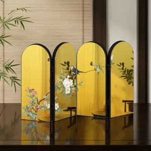 Creative Chinese style gold mirror folding screen ornament, acrylic desktop decor with bird and flower art.