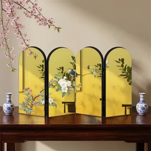 Chinese style arched folding screen tabletop decor with bird flower gold mirror design.