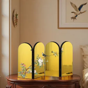 Miniature Chinese style gold mirror folding screen table ornament with traditional bird flower art.