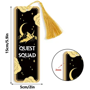 Celestial moon mountain design bookmark with golden tassel detail, showing size and thickness.