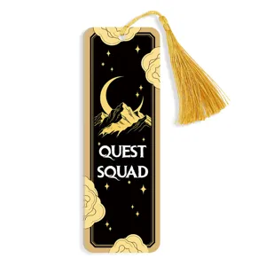 Black gold fantasy night sky bookmark featuring yellow tassel and celestial moon design.