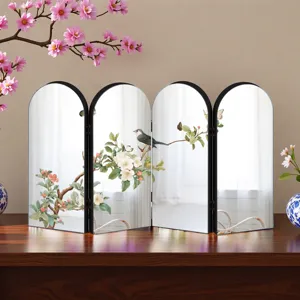 Chinese style mirror folding screen detail, traditional bird and flower art decor.