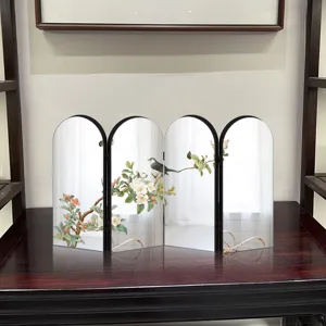 Creative Chinese style 4-panel arched folding screen mirror desktop ornament with bird floral art