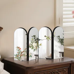 Decorative folding screen mirror with Chinese floral bird art, elegant tabletop acrylic decor.