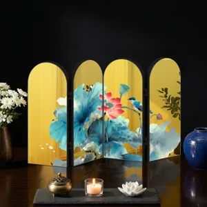 Chinese style acrylic folding screen table decoration with elegant lotus bird design for home.