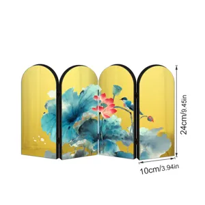 Mini acrylic folding screen with traditional lotus art, detailed desktop decor and size specs.