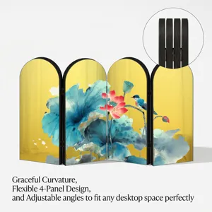 Decorative 4-Panel Desktop Folding Screen with Gold Lotus and Bird Art, Acrylic Miniature