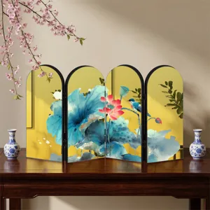 Decorative Chinese style folding screen miniature tabletop ornament with lotus and bird art.