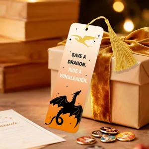 Creative transparent acrylic bookmark with golden tassel, gradient orange dragon design style.