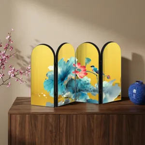 Detailed view of Chinese style tabletop folding screen with lotus and bird art design.