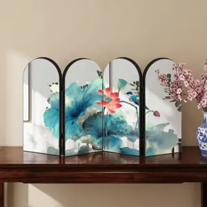 Chinese style acrylic folding screen table ornament with lotus and bird painting for home decor.