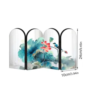 Detailed view of Chinese style mini folding screen ornament with lotus pattern and arch design.