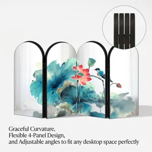 Desktop folding screen detail view, featuring 4 panels with graceful lotus art and hinges.