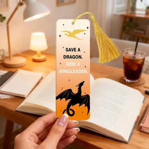Acrylic dragon bookmark with golden tassel, colorful translucent reading page marker.