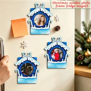 Christmas wooden photo frame fridge magnet set, cute holiday home kitchen decor.