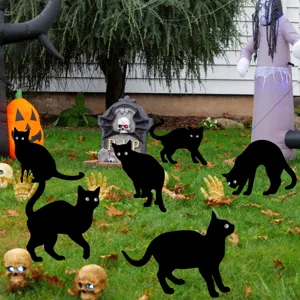 Halloween black cat garden stakes with glowing eyes for outdoor yard lawn holiday party decor.