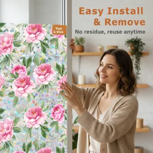 Window privacy static cling film decorative floral pink peony glass sticker decal for home