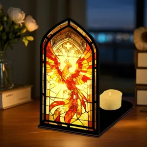 Fermalibri fenice in vetrate colorate gotiche, inserto decorativo per libreria con luce calda.