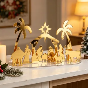 Décoration de table de scène de nativité de Noël en acrylique doré pour détail de maison