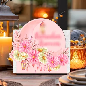 Houten servettenhouder tafeldecoratie met roze maan en bloemen ontwerp voor feestdagen