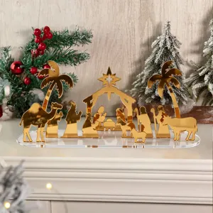Or acrylique Noël Nativité scène de table ornement religieux vacances décoration maison.