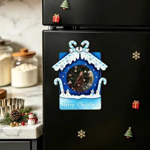 Christmas wooden magnetic photo frame detail showing festive design on refrigerator surface.