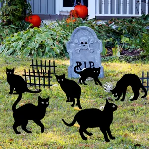 Halloween black cat garden stakes glowing yard decorations outdoor spooky party lawn prop setup.