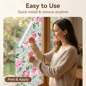 Static floral window glass sticker detail view, easy peel and apply for home decoration.