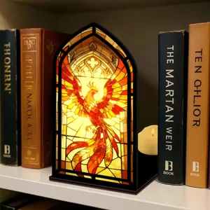 Fermalibri nicchia per libri fenice in vetrate gotiche decorazione mensola luce LED
