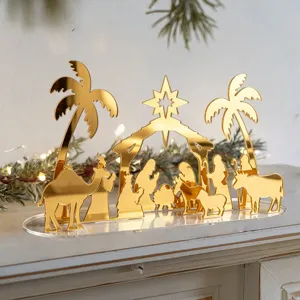 Noel acrylique scene de Nativite decoration de table or miroir ornement de fete festif